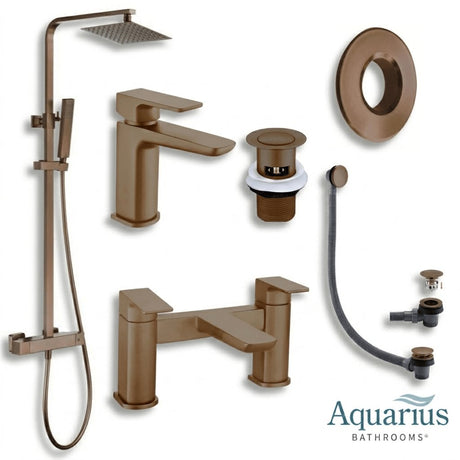 Aquarius Bathrooms Exposed Shower Set Brushed Bronze Aquarius Hydro Complete Shower Brassware Pack with Basin Mixer, Bath Mixer & Round Exposed Shower