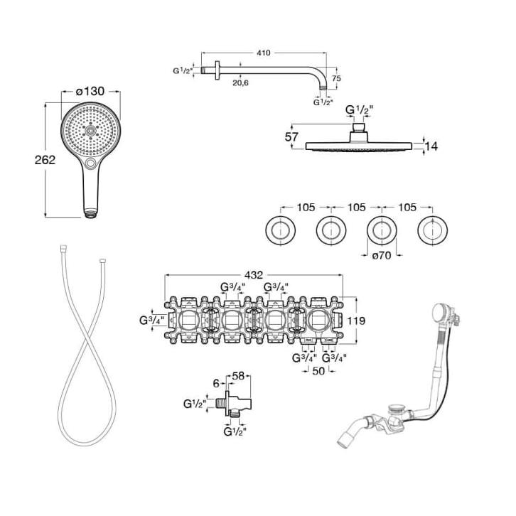 Roca Concealed Shower Set Roca T-Multi Switch Thermostatic Concealed Shower Valve with Rainshower Head, Shower Handset and  Overflow Bath Filler