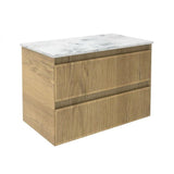 Saneux Wall Mounted Vanity Unit Matte Carrara White Worktop Saneux Monument 800mm Wall Mounted Two Drawer Vanity Unit in Portland Oak with Basin or Worktop