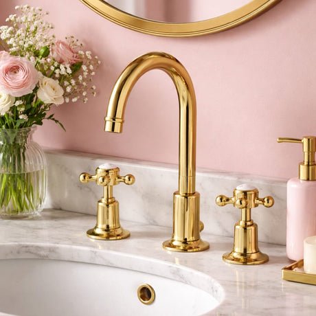 JTP 3 Tap Hole Basin Set Polished Gold JTP Grosvenor Cross 3 Hole Basin Mixer Tap with Swivel Spout and Pop Up Waste