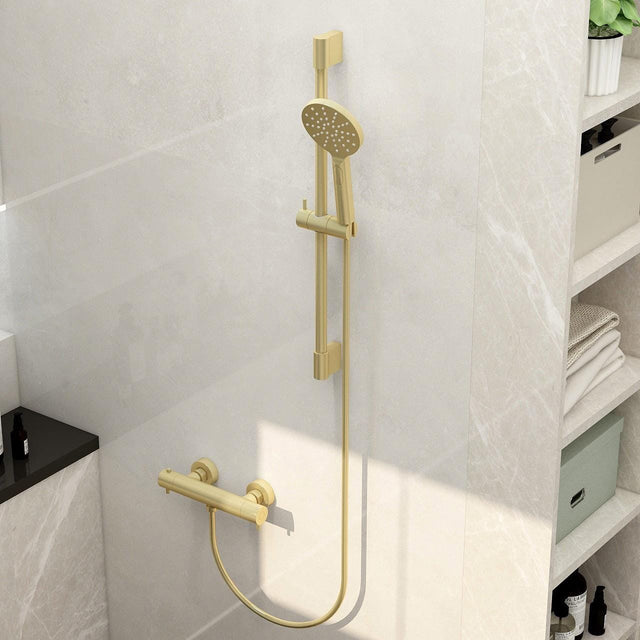 Imex Exposed Shower Set Brushed Brass Imex Ravine Cool Touch, Easy Fix, Thermostatic Exposed Shower Valve with Slide Rail, Hose And Multifunction Handset