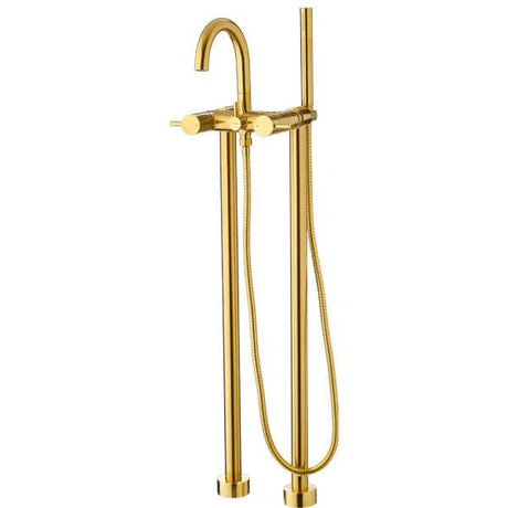 Flova Freestanding Bath Filler Brushed Gold Flova Levo Floor Standing Bath and Shower Mixer Tap  with Shower Set