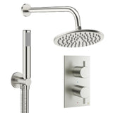 Crosswater Concealed Shower Set Brushed Nickel / Wall Arm / 200mm Crosswater Design 2 Handle 2 Outlet Thermostatic Shower Set with Rainfall Head and Pencil Handset