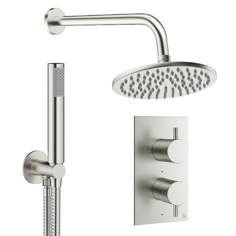 Crosswater Concealed Shower Set Brushed Nickel / Wall Arm / 200mm Crosswater Design 2 Handle 2 Outlet Thermostatic Shower Set with Rainfall Head and Pencil Handset