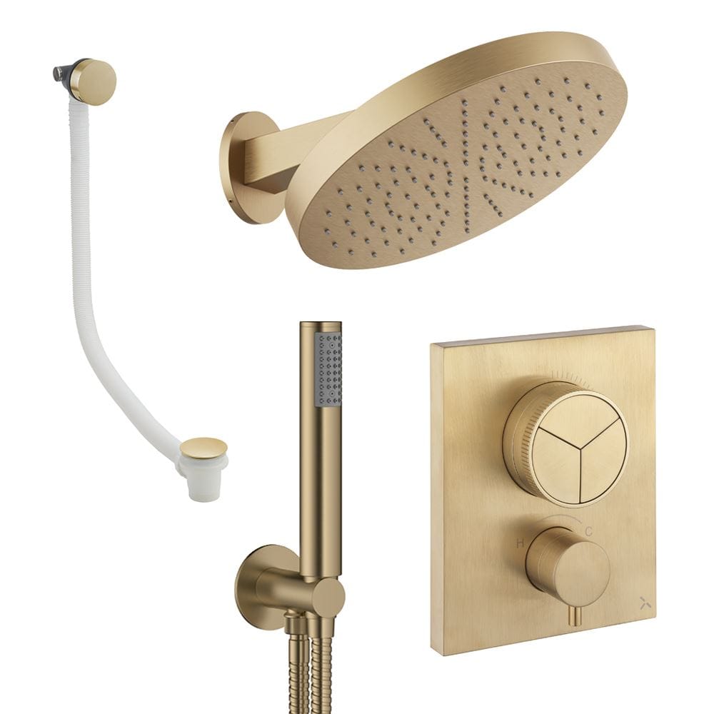 UK Bathroom Store Concealed Shower Set Brushed Brass Crosswater Crossbox Push Shower Set 9 - 3 Outlet with Revive Steel Overhead Shower, Pencil Handset and Oveflow Bath Filler Waste