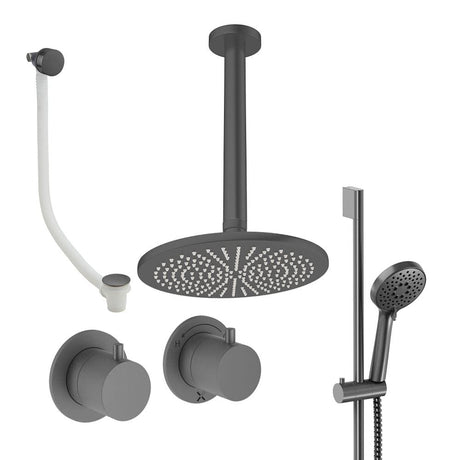 UK Bathroom Store Concealed Shower Set Slate / Ceiling Arm / 300mm Crosswater Module Shower Set 7 - 3 Outlet with Riser Rail Kit, Overhead Shower and Overflow Bath Filler