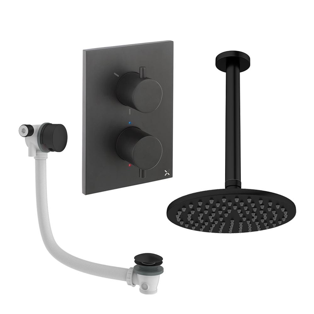 UK Bathroom Store Concealed Shower Set Matt Black / Ceiling Arm / 200mm Crosswater Crossbox Shower Set 7 - 2 Outlet with Fixed Overhead Shower and Overflow Bath Filler Waste