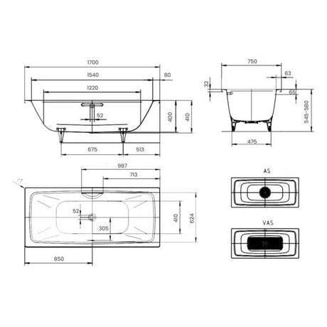 Kaldewei Double Ended Bath 1700mm x 750mm Kaldewei Cayono Duo Double Ended Steel Bath with Leg Set
