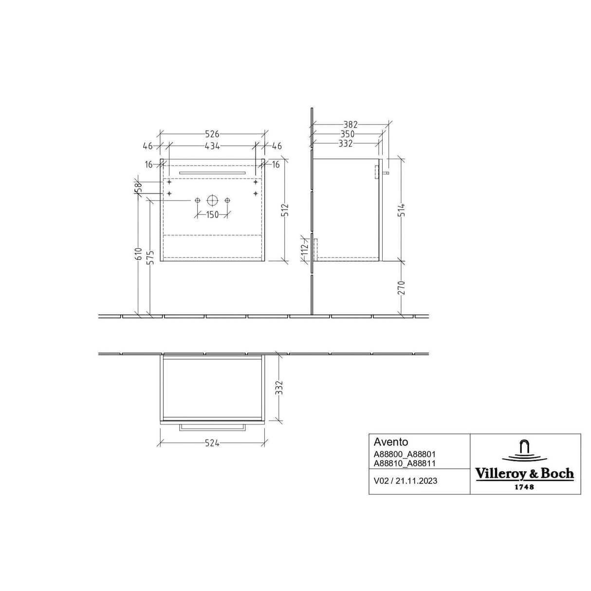 Villeroy & Boch Avento Wall Hung Vanity Unit 530mm One Door with Basin