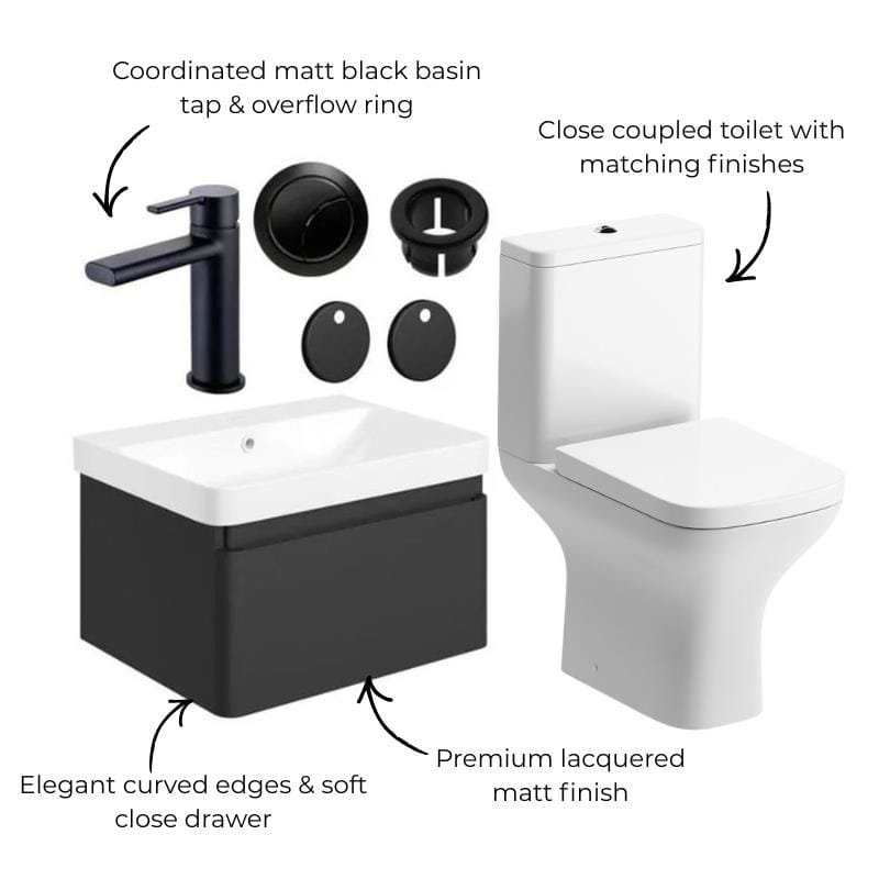 Aquarius Bathrooms Suites Aquarius Sophie 605mm Wall Hung Vanity Unit, Close Coupled Toilet, Tap and Fittings Bundle