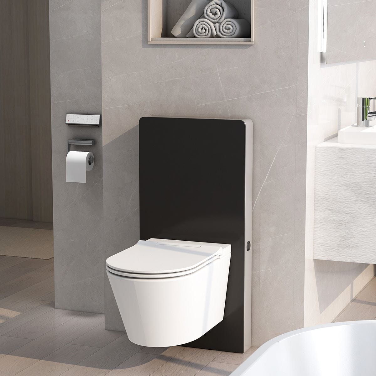 Imex Wall Hung WC Frame Imex Senso Smart Touch Free Wave Flush Wall Hung Cistern Frame with Black Glass Finish