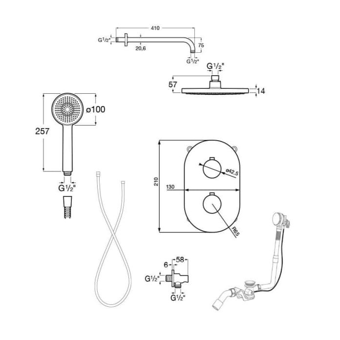 Roca Concealed Shower Set Roca Splash-T Thermostatic Concealed Shower Valve with Rainshower Head, Shower Handset and Overflow Bath Filler