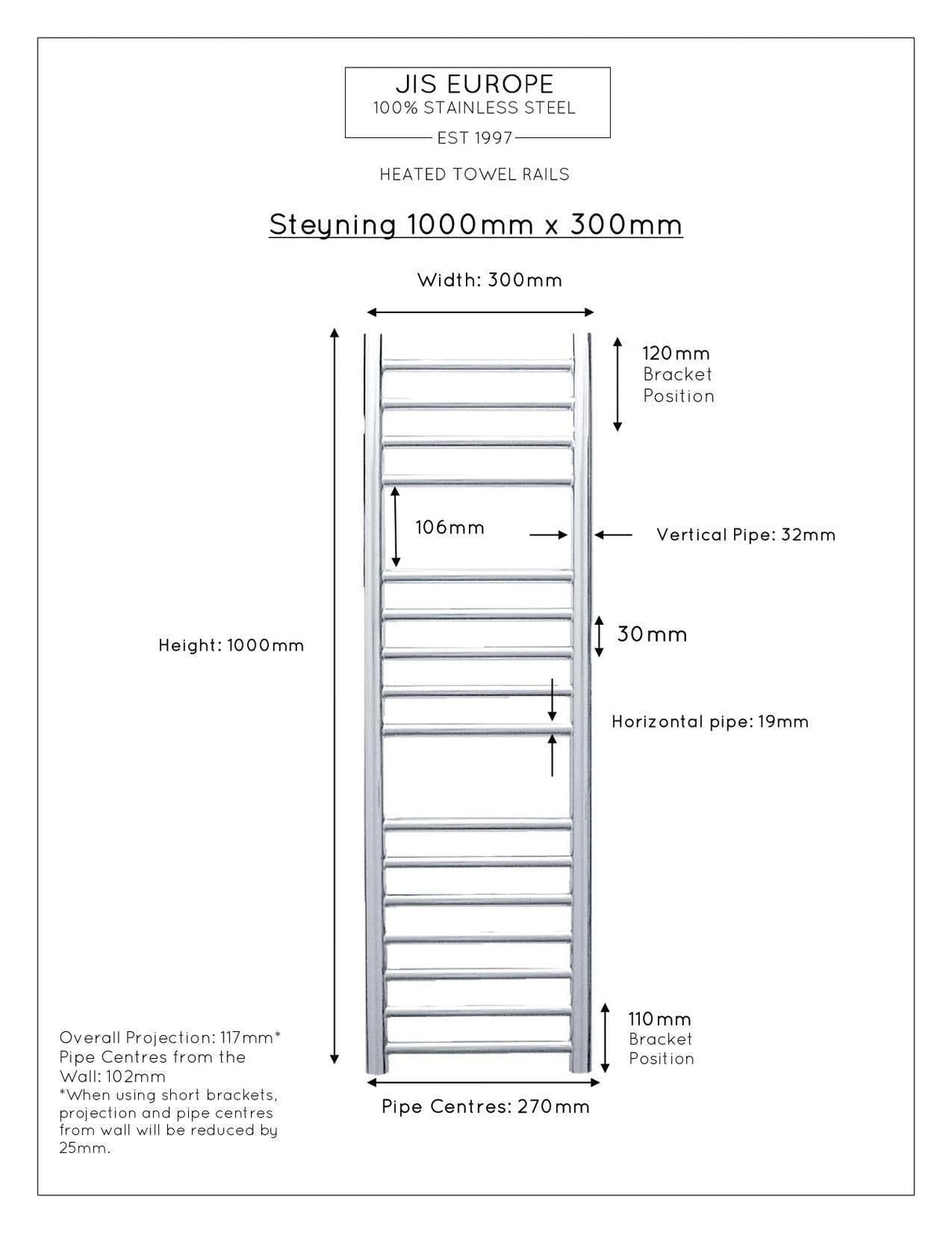 JIS Ladder Rail JIS Sussex Steyning Vertical Stainless Steel Heated Towel Rail