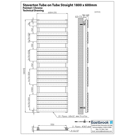 Eastbrook Eastbrook Staverton Tube on Tube Vertical Straight Heated Towel Rail - 1800mm x 600mm in Chrome