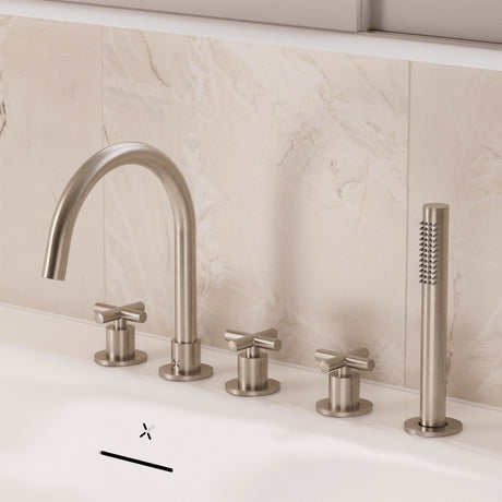 Crosswater 5 Tap Hole Bath Set Brushed Nickel Crosswater MPRO Crosshead 5 Hole Bath and Shower Mixer with Shower Set