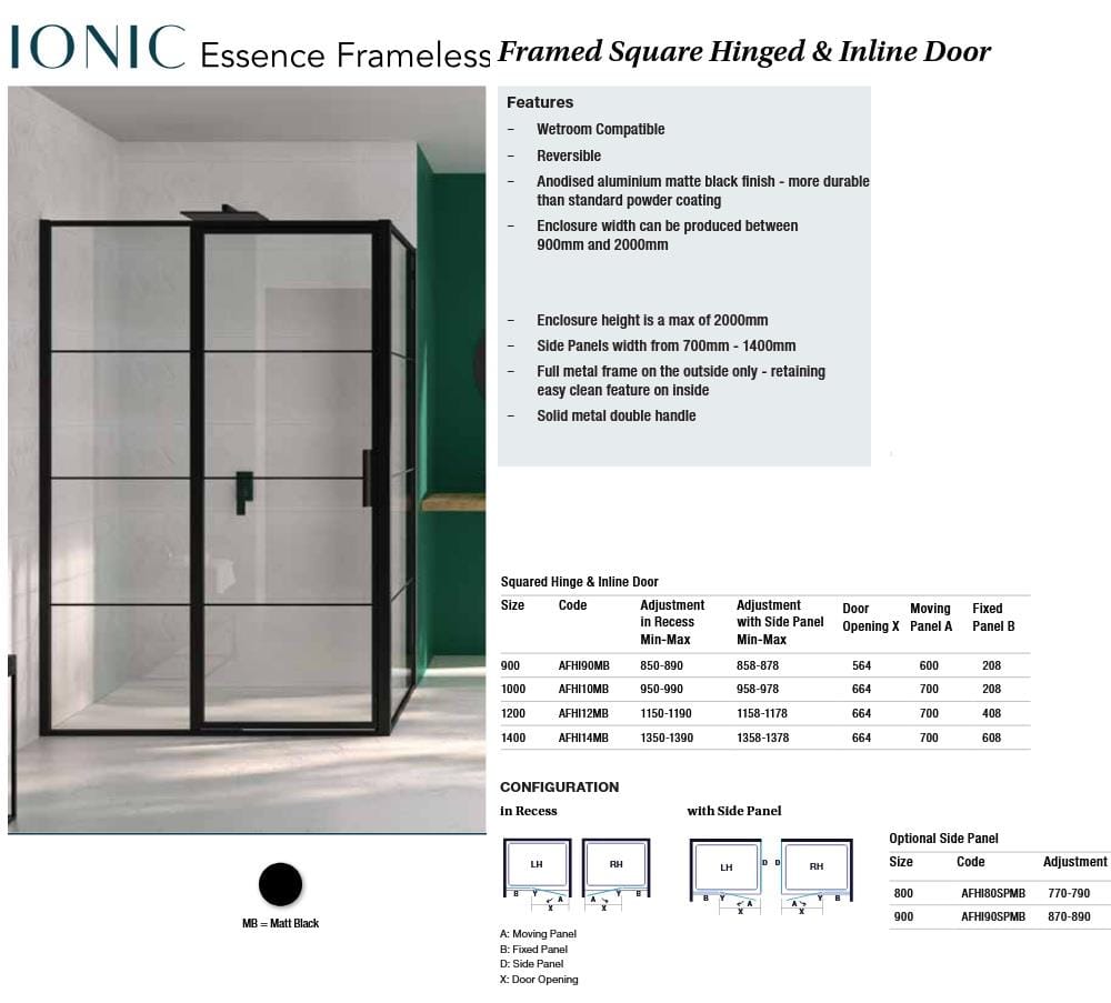 Merlyn Hinged Shower Door Merlyn Ionic Essence Frameless Framed Square Hinge Shower Door and Inline Panel - in Matt Black