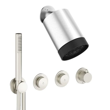 UK Bathroom Store Concealed Shower Set Brushed Nickel Crosswater Module Plus Push Shower Set 4 - 2 Outlet with Revive Multifunctional Spotlight Shower Head and Pencil Handset
