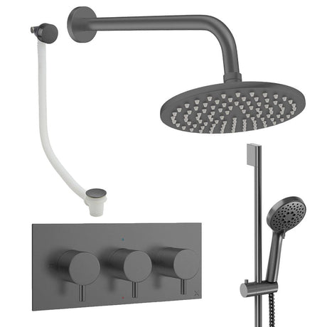 Crosswater Concealed Shower Set Slate / Wall Arm / 200mm Crosswater Design 3 Handle 3 Outlet Shower Set 9 with Slide Rail Kit, Rainfall Head and Overflow Bath Filler
