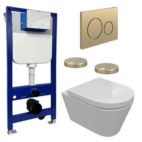 Aquarius Wall Hung Toilet Brushed Bronze / Round Aquarius Urbano Rimless Wall Hung Toilet Pack with Frame, Flush Plate, Soft Closing Seat and Hinge Covers