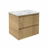 Saneux Wall Mounted Vanity Unit Matte Carrara White Worktop Saneux Monument 600mm Wall Mounted Two Drawer Vanity Unit in Portland Oak with Basin or Worktop