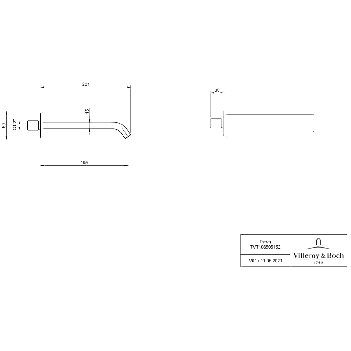 Villeroy & Boch Bath Spout Villeroy & Boch Dawn Curved Wall Mounted Bath Spout