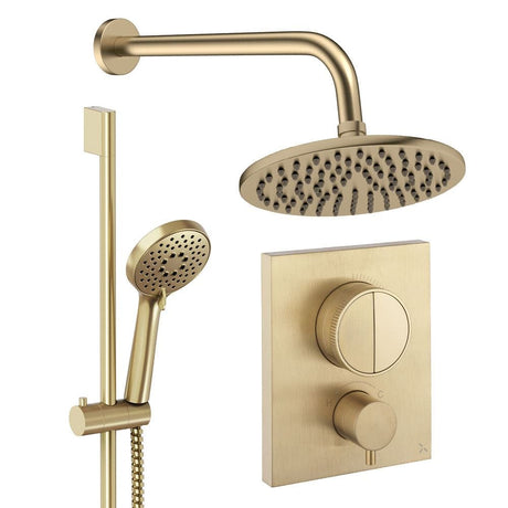 UK Bathroom Store Concealed Shower Set Brushed Brass / Wall Arm / 200mm Crosswater Crossbox Push Shower Set 2 - 2 Outlet with Fixed Overhead Shower and Slide Rail Kit