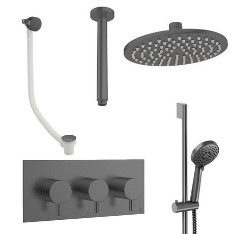 Crosswater Concealed Shower Set Slate / Ceiling Arm / 200mm Crosswater Design 3 Handle 3 Outlet Shower Set 9 with Slide Rail Kit, Rainfall Head and Overflow Bath Filler