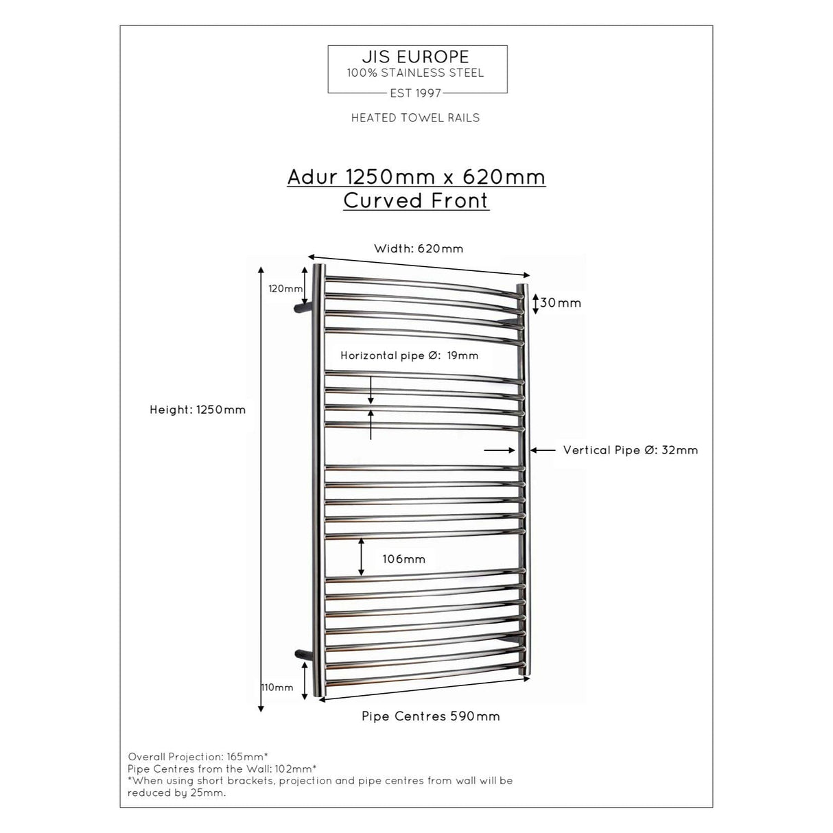 JIS Ladder Rail JIS Sussex Adur Vertical Stainless Steel Curved Heated Towel Rail