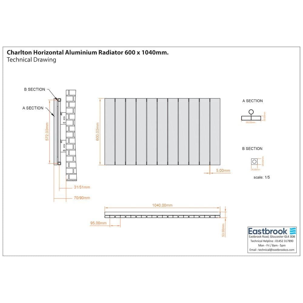 Eastbrook Panel Radiator Eastbrook Charlton Horizontal Aluminium Designer Radiator in Matt White
