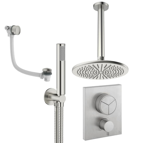 UK Bathroom Store Concealed Shower Set Brushed Nickel / Ceiling Arm / 300mm Crosswater Crossbox Push Shower Set 7 - 3 Outlet with Fixed Overhead Shower, Pencil Handset and Overflow Bath Filler Waste