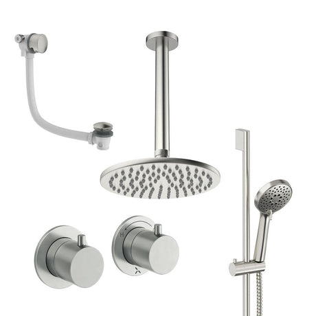 UK Bathroom Store Concealed Shower Set Brushed Nickel / Ceiling Arm / 200mm Crosswater Module Shower Set 7 - 3 Outlet with Riser Rail Kit, Overhead Shower and Overflow Bath Filler