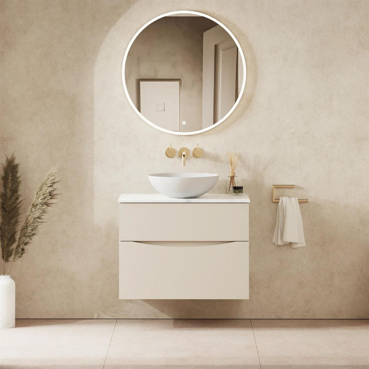 Crosswater Wall Mounted Vanity Unit 700mm / Warm Stone / Carrara Marble Effect Crosswater Glide II Wall Mounted Two Drawer Vanity Unit with Worktop