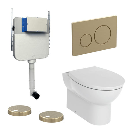 Aquarius Bathrooms Back To Wall Toilet Brushed Brass / Round Aquarius Urbano Rimless Back to Wall Toilet Pack with Cistern, Flush Plate, Soft Closing Seat and Hinge Covers