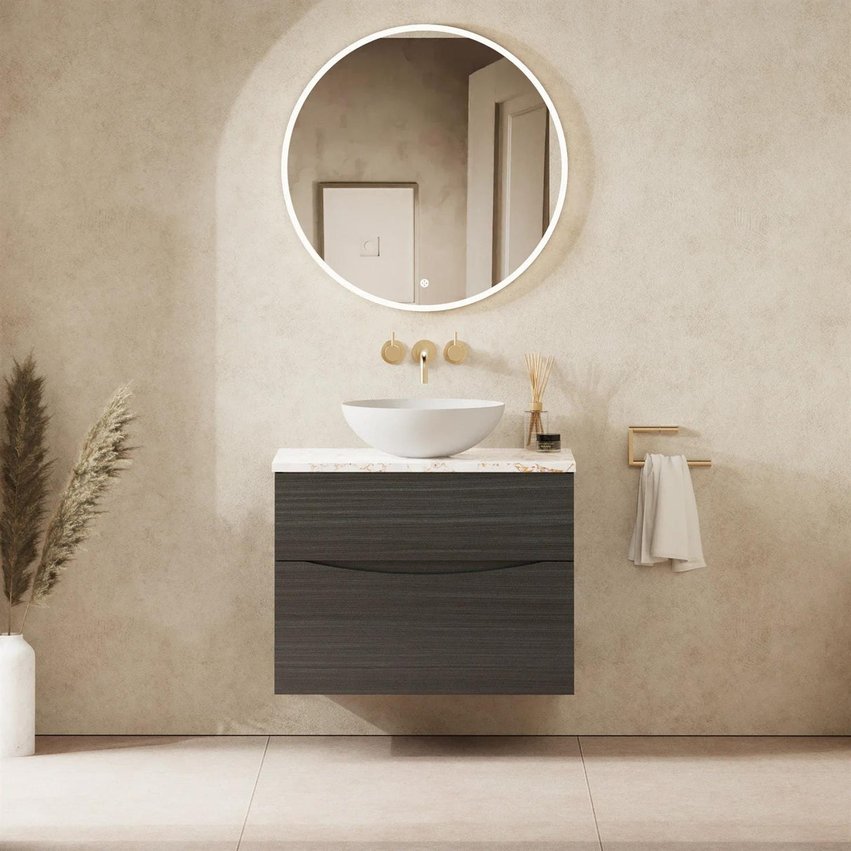 Crosswater Wall Mounted Vanity Unit 700mm / Steelwood / Gold Vein Estatuario Crosswater Glide II Wall Mounted Two Drawer Vanity Unit with Worktop