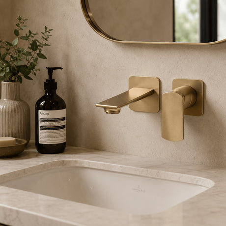 Clearwater Wall Mounted Basin Tap Brushed Brass Clearwater Varda Wall Mounted 2 Hole Basin Mixer Tap
