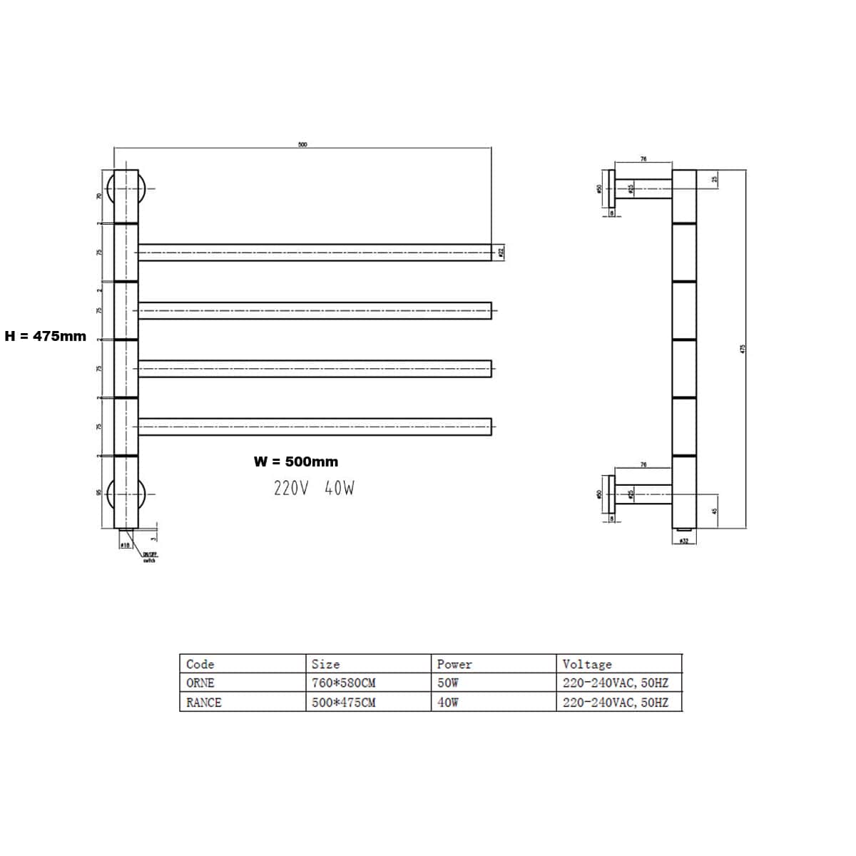 Reina Designer Towel Radiator Reina Rance 455 x 500mm Electric Only Towel Radiator in Polished Stainless Steel