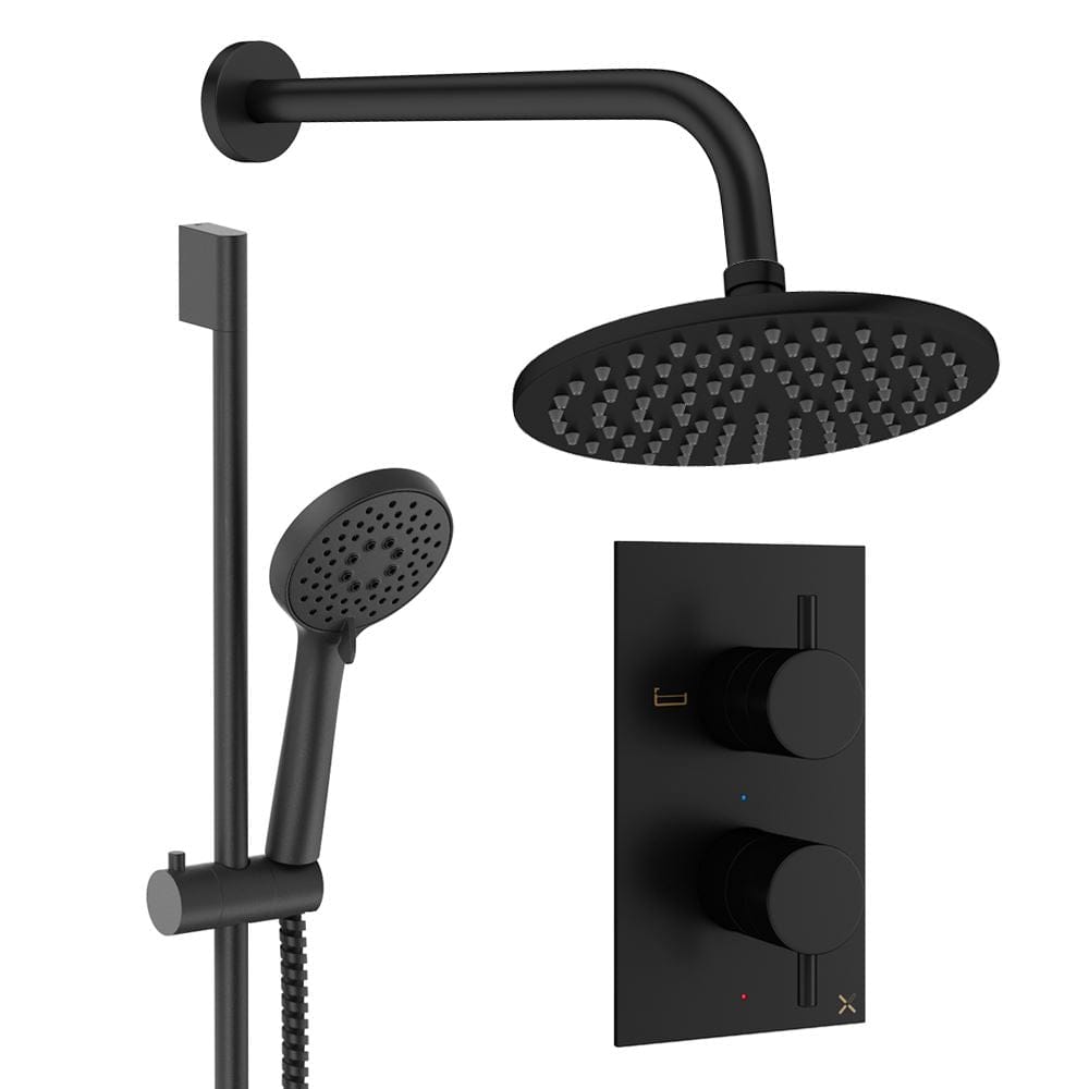 Crosswater Concealed Shower Set Matt Black / Wall Arm / 200mm Crosswater Design 2 Handle 2 Outlet Shower Set 4 with Rainfall Head and Slide Rail Kit