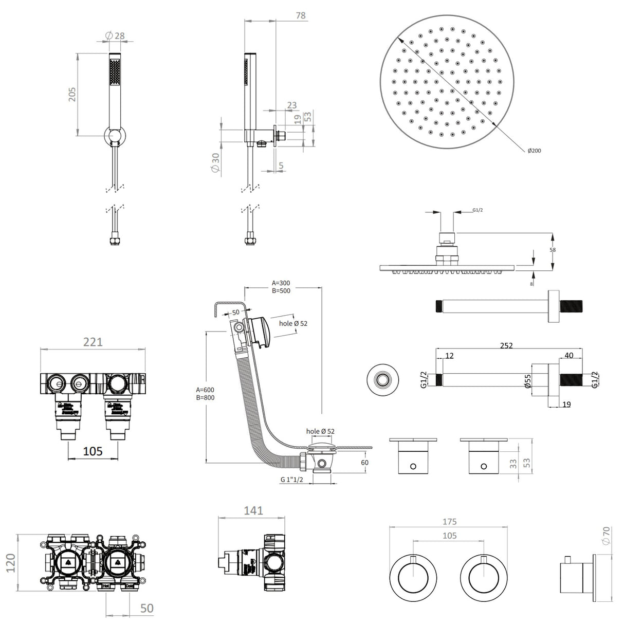UK Bathroom Store Concealed Shower Set Crosswater Module Shower Set 6 - 3 Outlet with Overhead Shower, Handset and Overflow Bath Filler
