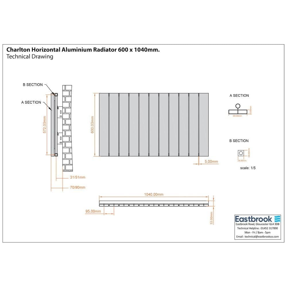 Eastbrook Panel Radiator Eastbrook Charlton Horizontal Aluminium Designer Radiator in Matt White