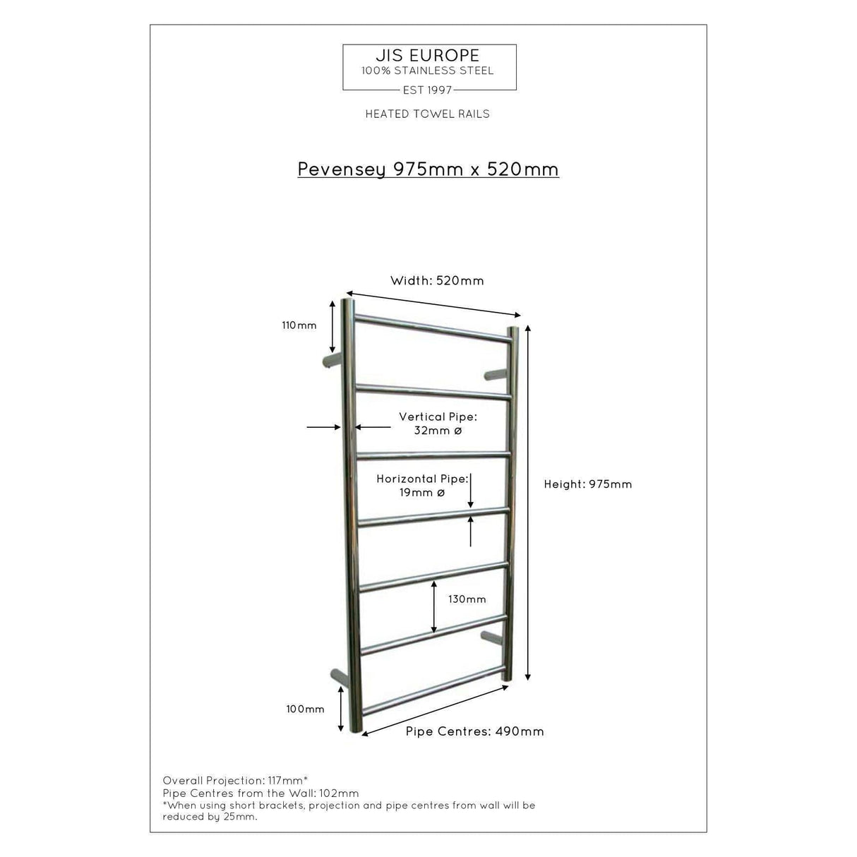 JIS Ladder Rail JIS Sussex Pevensey Vertical Stainless Steel Heated Towel Rail