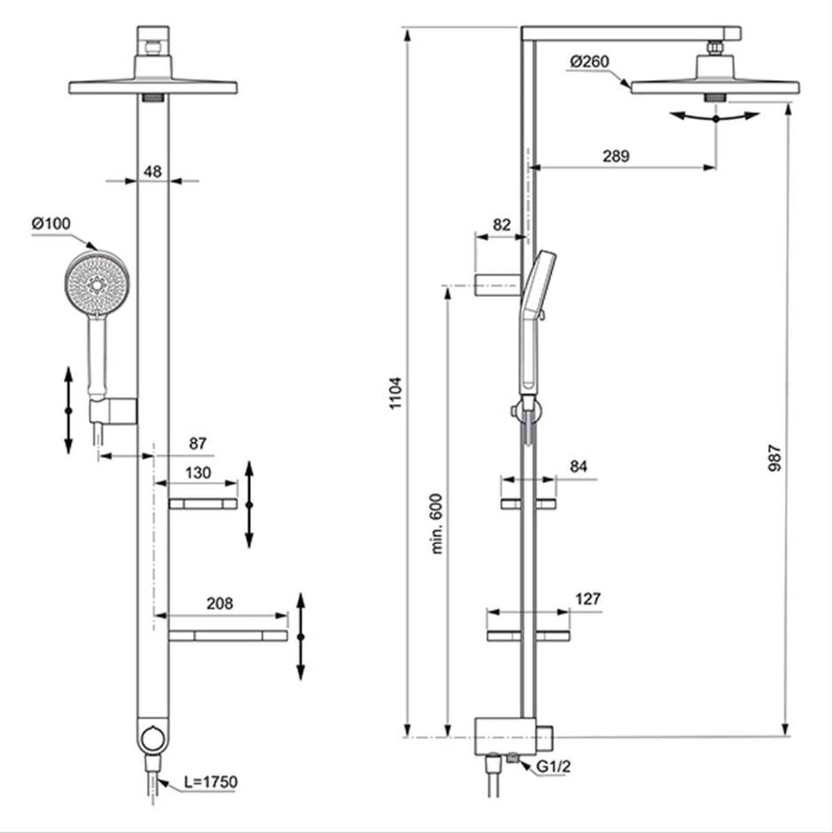 Ideal Standard Shower Riser Rail Ideal Standard Ceratherm ALU+ Rigid Riser Rail with Diverter, Showerhead, Handset and Shelves