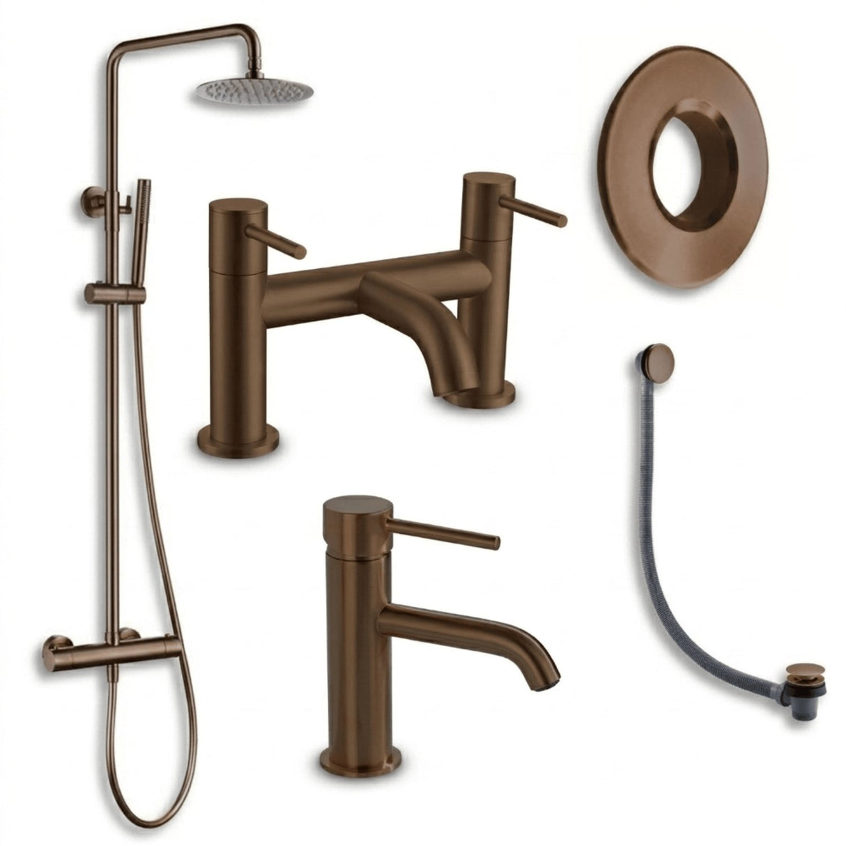 Aquarius Bathrooms Exposed Shower Set Brushed Bronze Aquarius RF-Series Complete Shower Brassware Pack with Basin Mixer, Bath Mixer & Exposed Shower