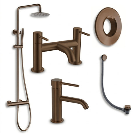 Aquarius Bathrooms Exposed Shower Set Brushed Bronze Aquarius RF-Series Complete Shower Brassware Pack with Basin Mixer, Bath Mixer & Exposed Shower