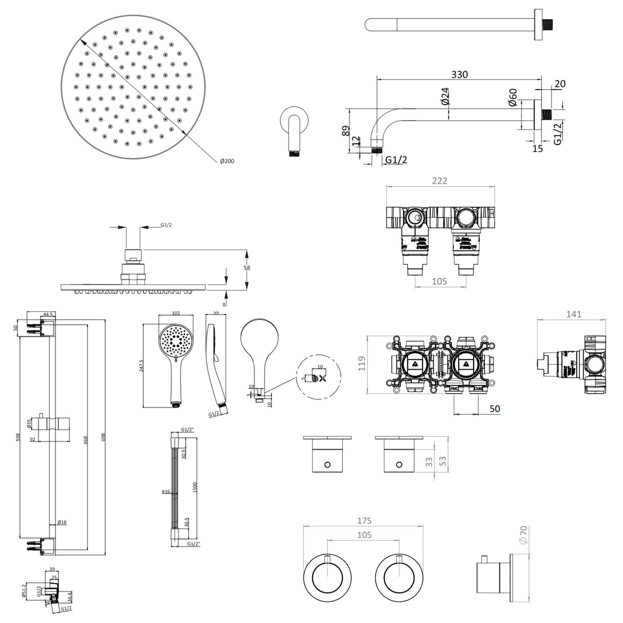 UK Bathroom Store Concealed Shower Set Crosswater Module Shower Set 2 with Riser Rail Kit and Overhead Shower