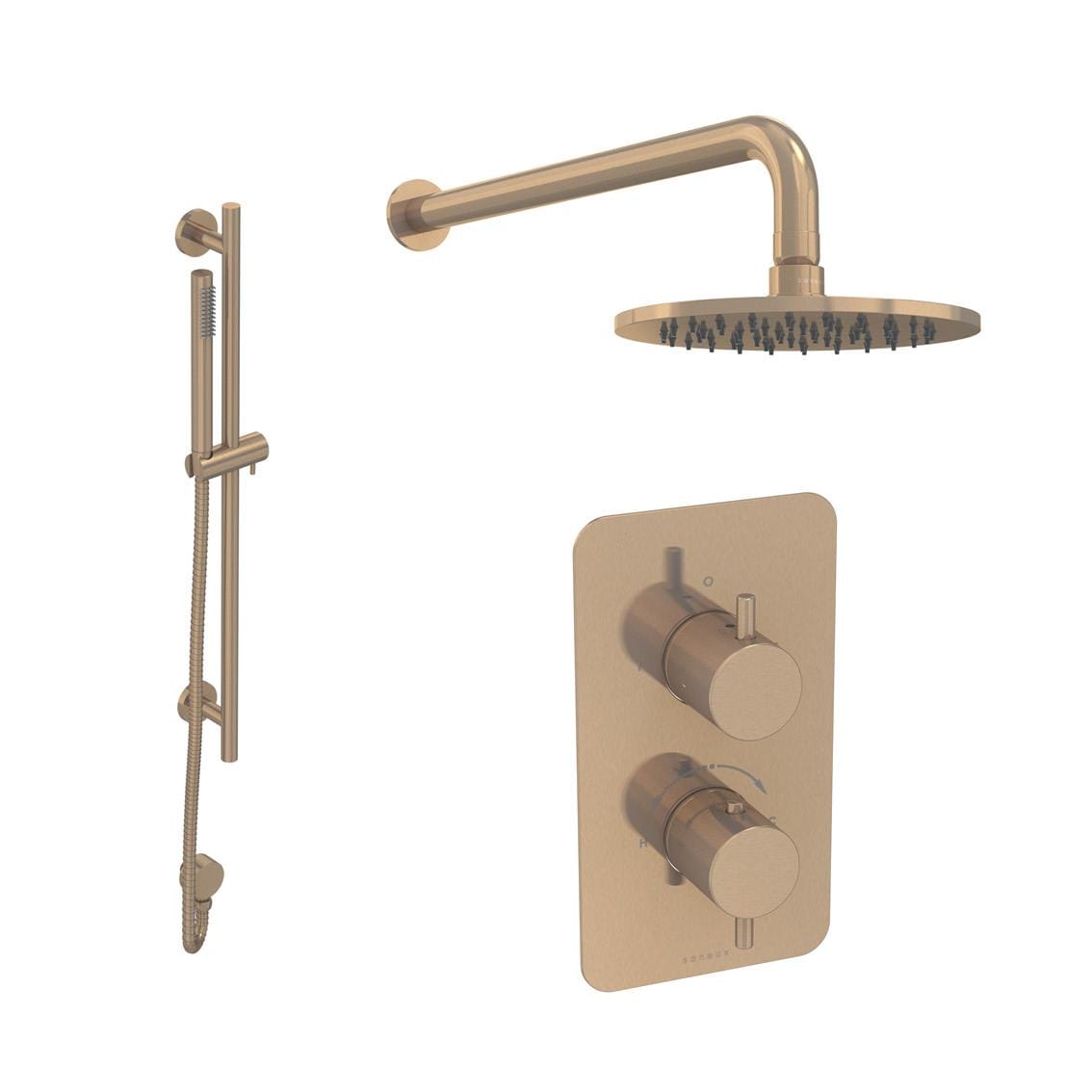 Saneux Concealed Shower Set Brushed Bronze Saneux COS 2 Outlet, 2 Handle Concealed Shower Valve Kit with Pencil Handset, Shower Head and Slider Rail