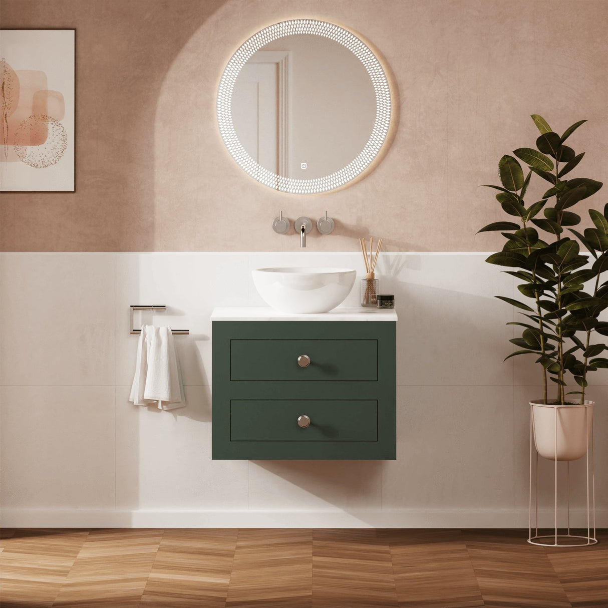 Crosswater Wall Mounted Vanity Unit Sage Green / 610 x 460mm Crosswater Canvass Vanity Unit with White Carrara Marble Effect Worktop