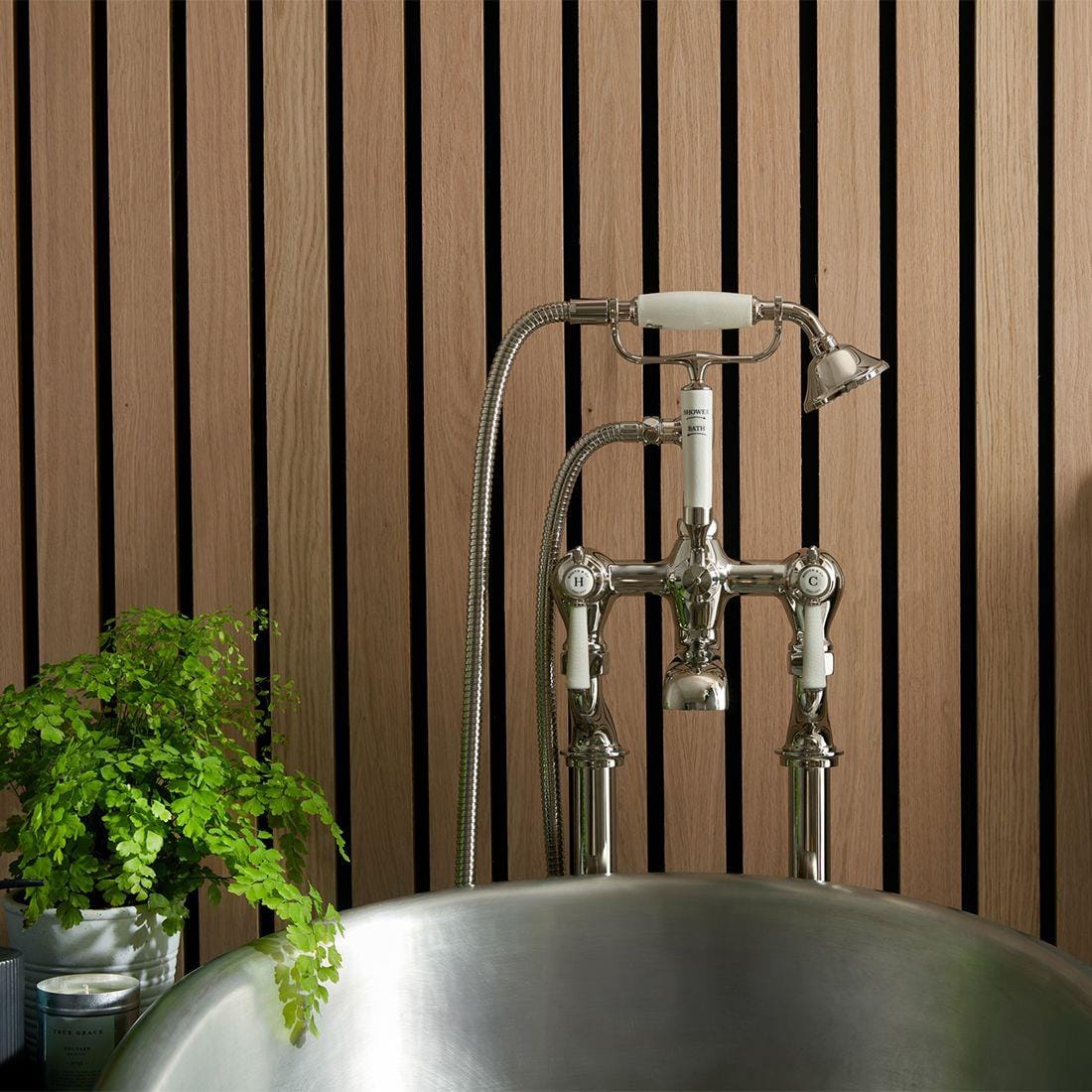 Vado Freestanding Bath Filler Bright Nickel Booth & Co. Axbridge Lever Floor Standing Bath and Shower Mixer with Traditional Shower Handset