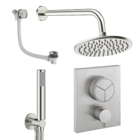 UK Bathroom Store Concealed Shower Set Brushed Nickel / Wall Arm / 200mm Crosswater Crossbox Push Shower Set 7 - 3 Outlet with Fixed Overhead Shower, Pencil Handset and Overflow Bath Filler Waste