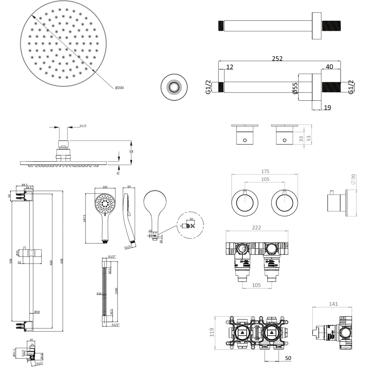 UK Bathroom Store Concealed Shower Set Crosswater Module Shower Set 2 with Riser Rail Kit and Overhead Shower