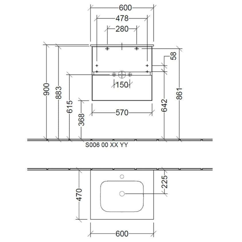 Villeroy & Boch Wall Mounted Vanity Unit Villeroy & Boch Arto Wall Mounted 600mm Two Drawer Vanity Unit with Basin